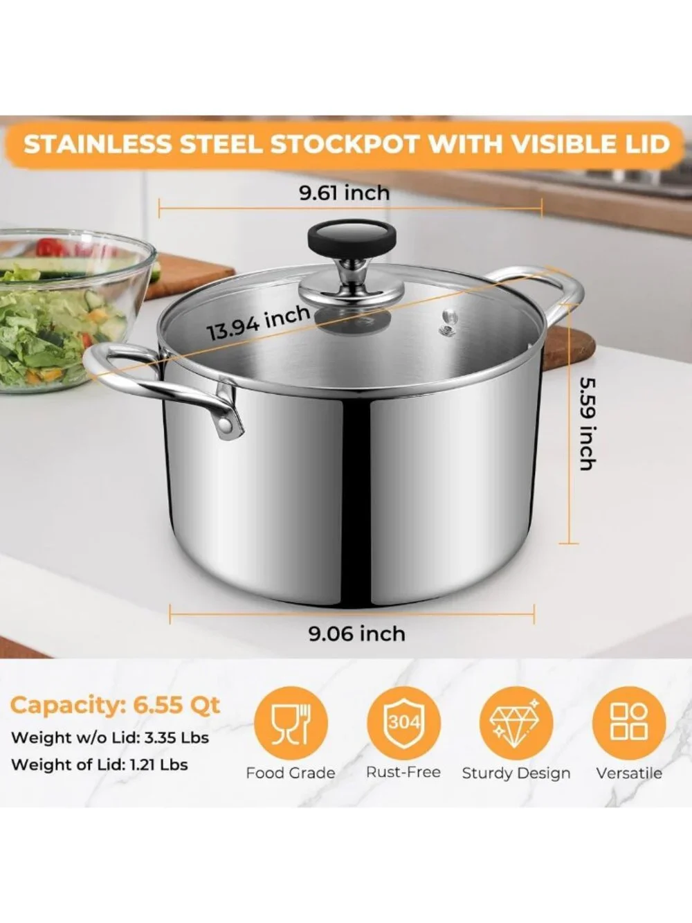 6.5 Quart Tri-Ply Stainless Steel Stock Pot - Heavy Duty Induction Cookware